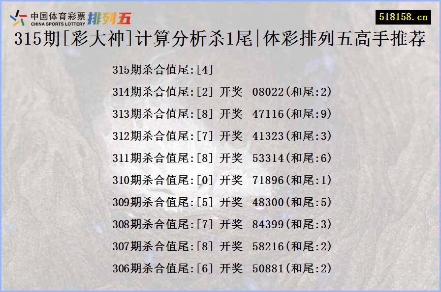 315期[彩大神]计算分析杀1尾|体彩排列五高手推荐