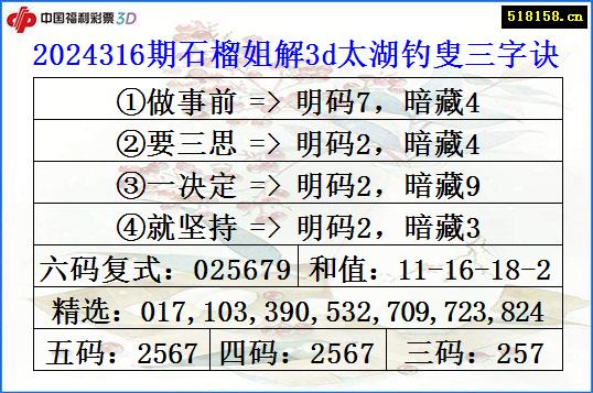 2024316期石榴姐解3d太湖钓叟三字诀