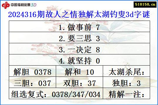 2024316期故人之情独解太湖钓叟3d字谜