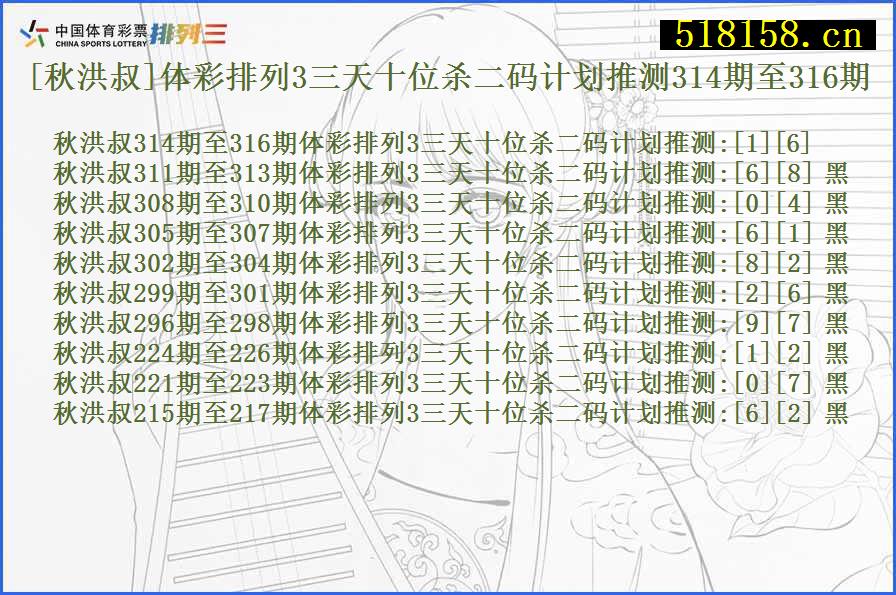 [秋洪叔]体彩排列3三天十位杀二码计划推测314期至316期