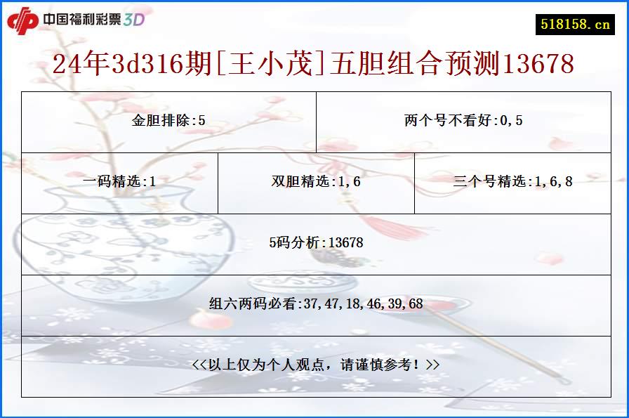 24年3d316期[王小茂]五胆组合预测13678