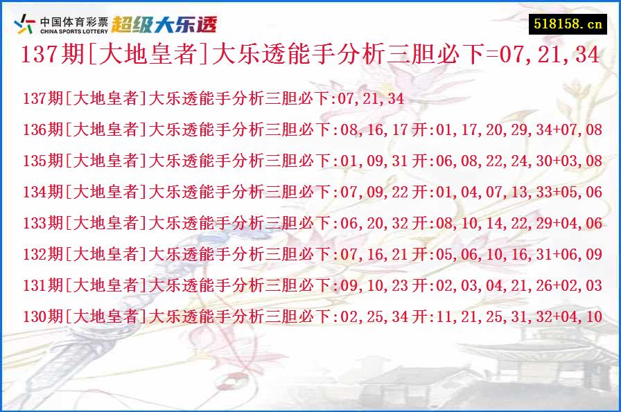 137期[大地皇者]大乐透能手分析三胆必下=07,21,34