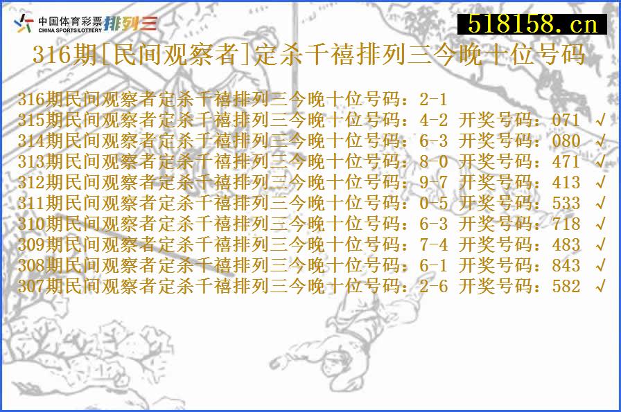 316期[民间观察者]定杀千禧排列三今晚十位号码