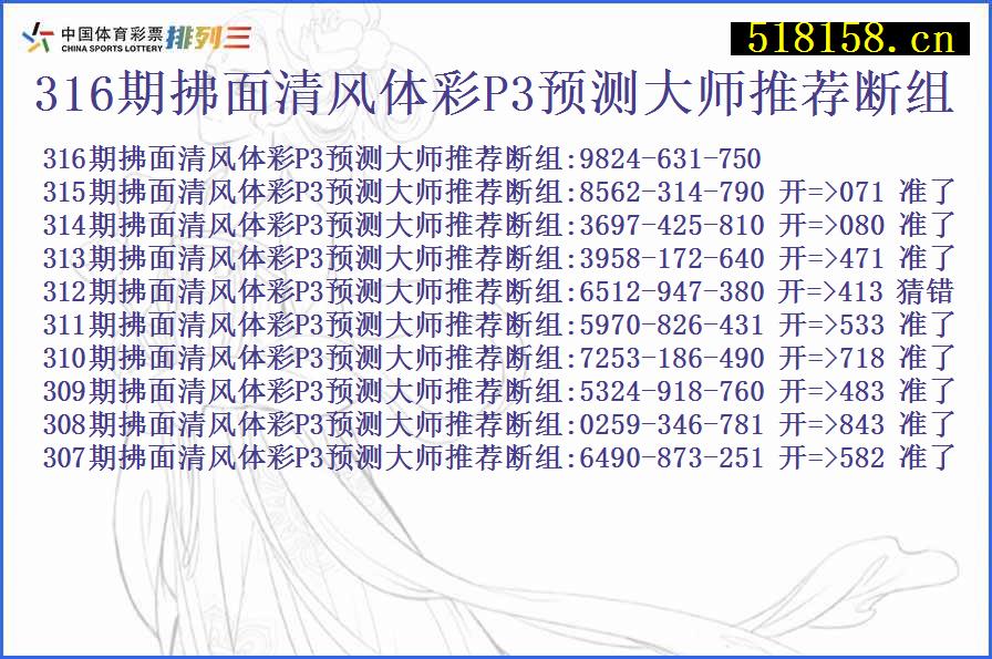 316期拂面清风体彩P3预测大师推荐断组