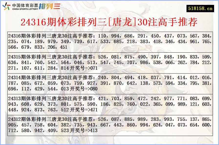 24316期体彩排列三[唐龙]30注高手推荐