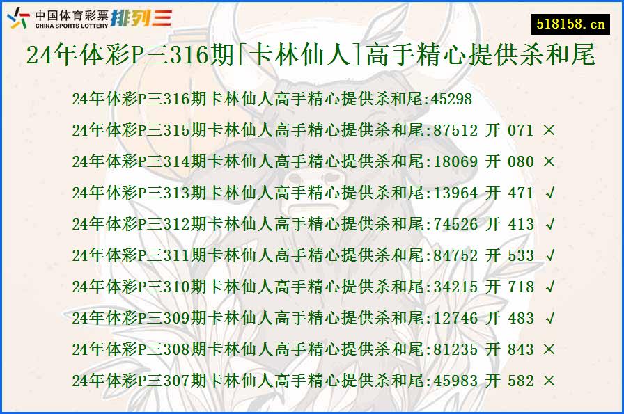 24年体彩P三316期[卡林仙人]高手精心提供杀和尾