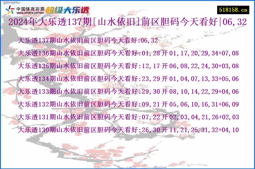 2024年大乐透137期[山水依旧]前区胆码今天看好|06,32