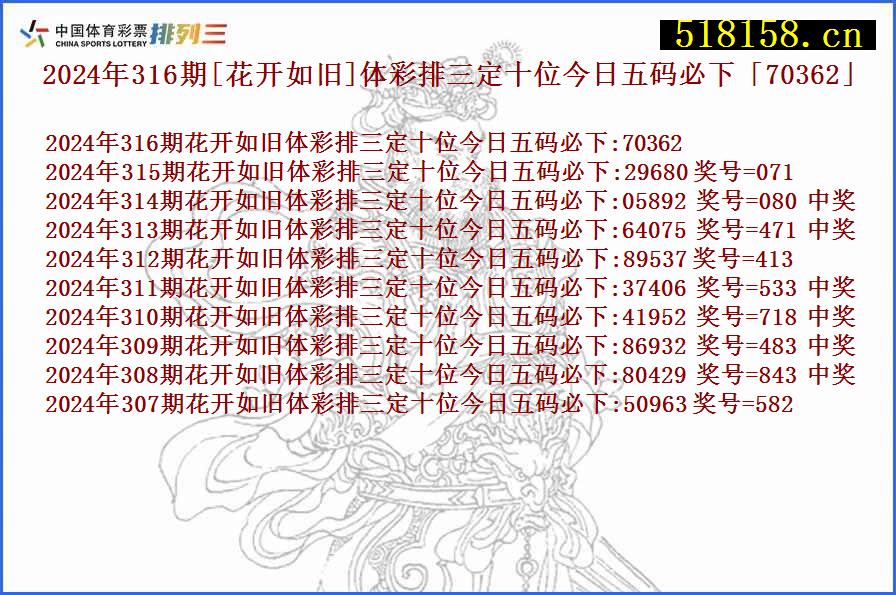 2024年316期[花开如旧]体彩排三定十位今日五码必下「70362」