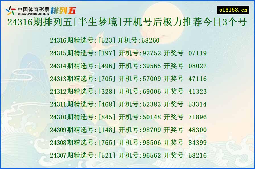 24316期排列五[半生梦境]开机号后极力推荐今日3个号