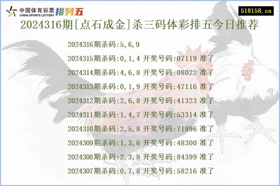 2024316期[点石成金]杀三码体彩排五今日推荐