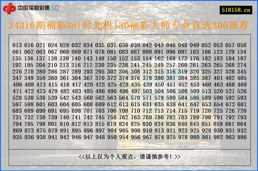 24316期福彩3d[时光机]3D福彩大师专业直选300推荐