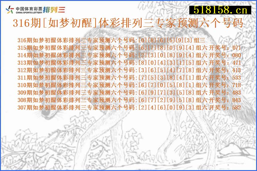 316期[如梦初醒]体彩排列三专家预测六个号码