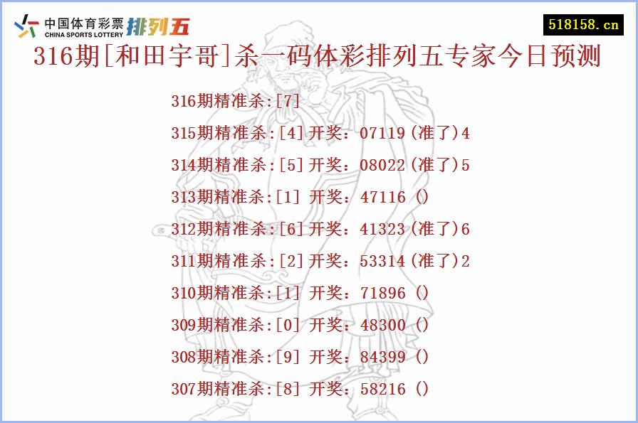 316期[和田宇哥]杀一码体彩排列五专家今日预测