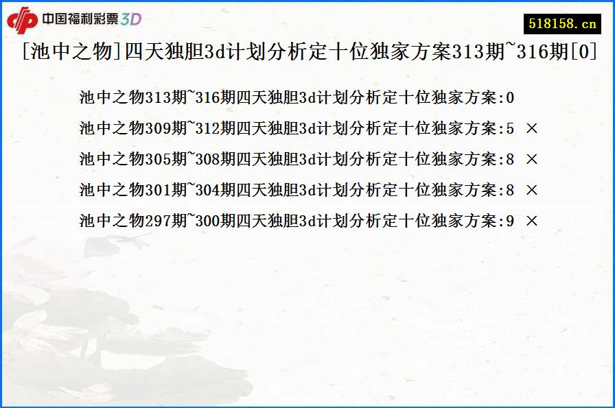 [池中之物]四天独胆3d计划分析定十位独家方案313期~316期[0]