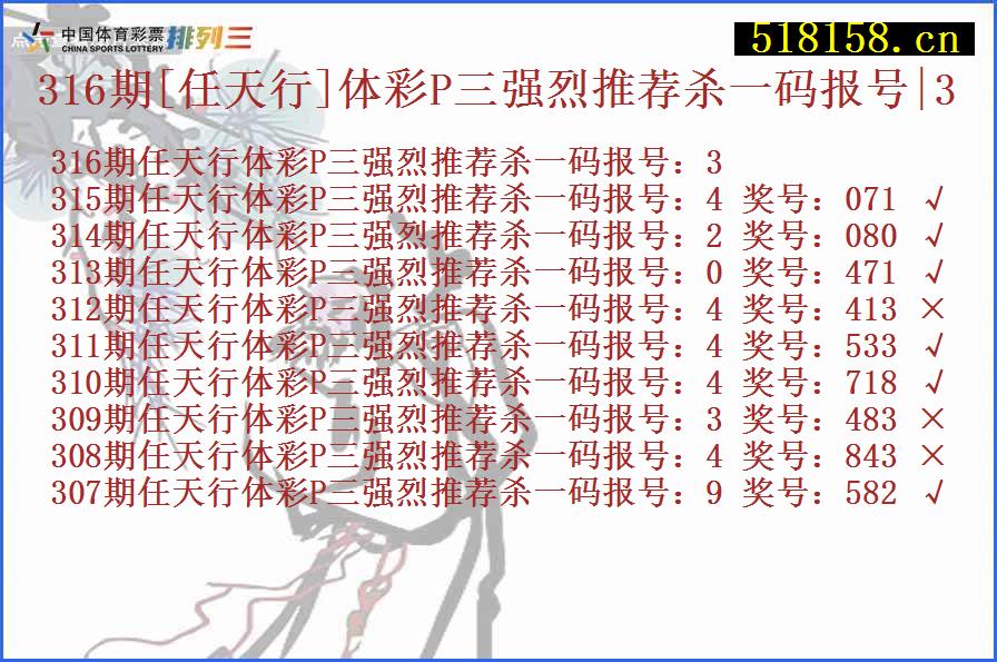 316期[任天行]体彩P三强烈推荐杀一码报号|3