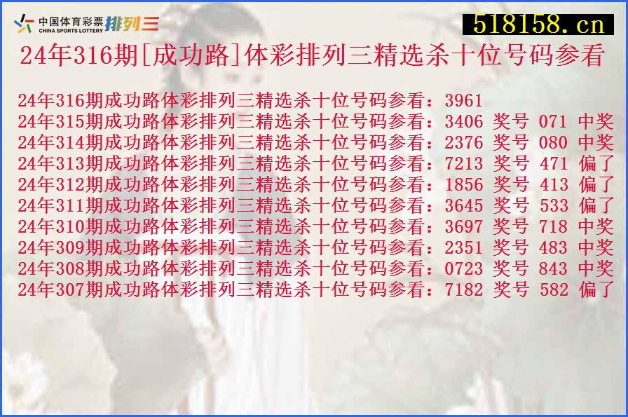 24年316期[成功路]体彩排列三精选杀十位号码参看