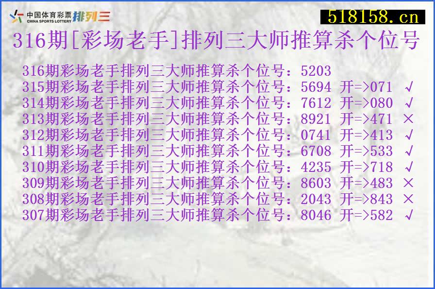 316期[彩场老手]排列三大师推算杀个位号