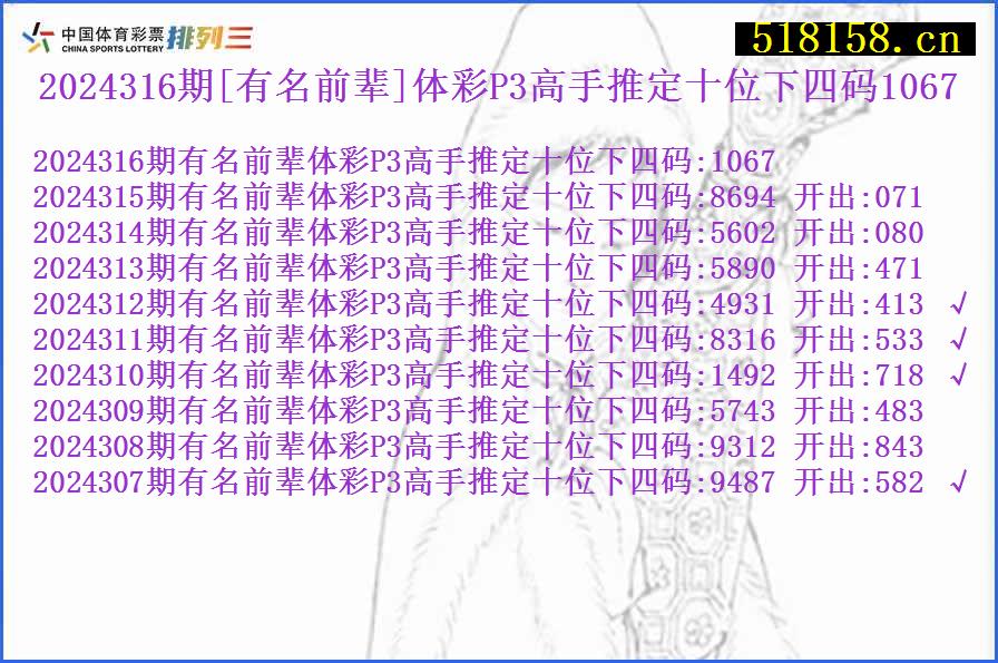 2024316期[有名前辈]体彩P3高手推定十位下四码1067