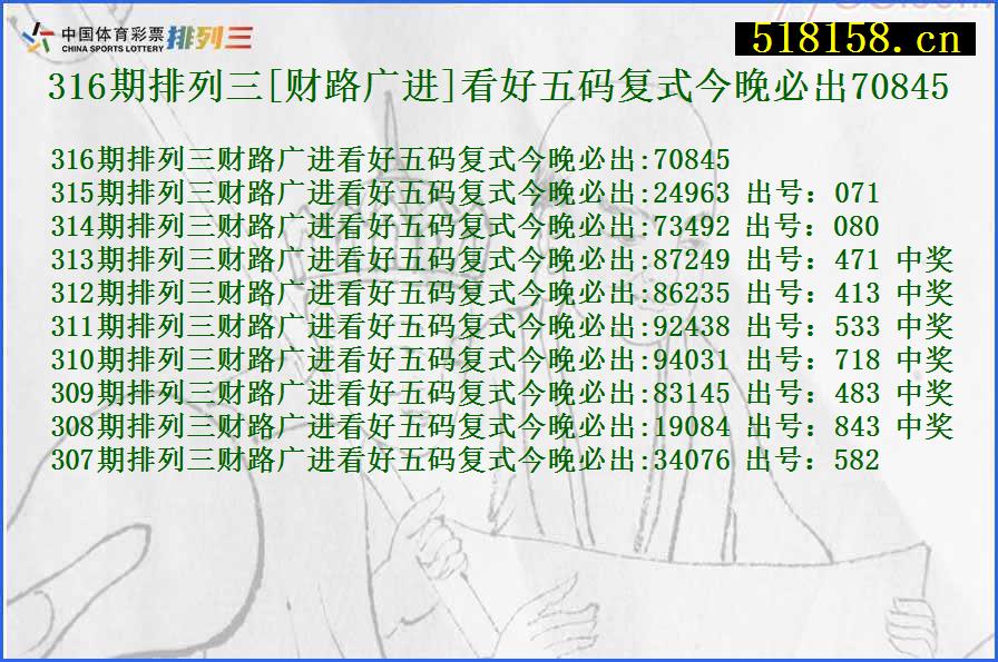 316期排列三[财路广进]看好五码复式今晚必出70845