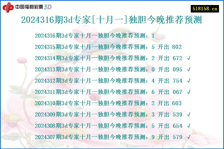 2024316期3d专家[十月一]独胆今晚推荐预测