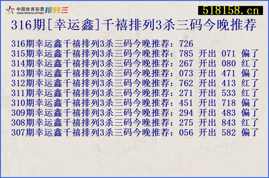 316期[幸运鑫]千禧排列3杀三码今晚推荐