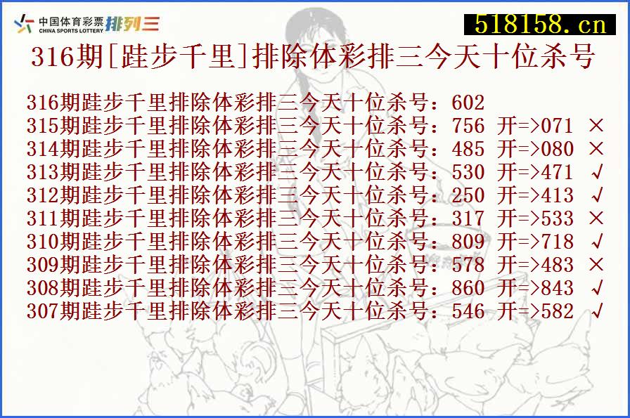 316期[跬步千里]排除体彩排三今天十位杀号