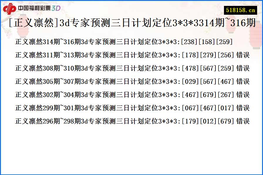 [正义凛然]3d专家预测三日计划定位3*3*3314期~316期