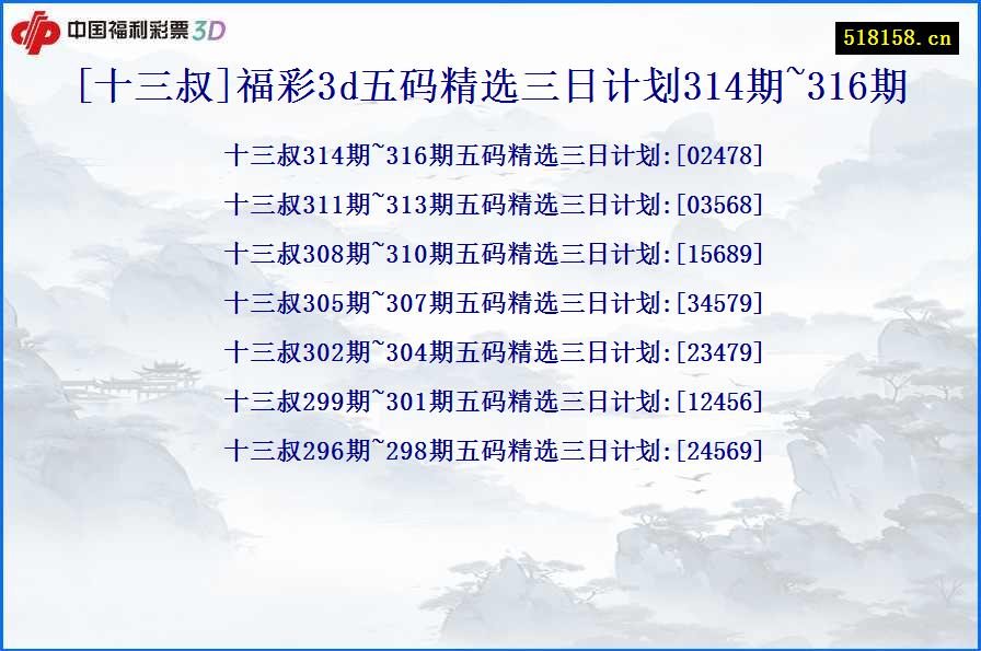 [十三叔]福彩3d五码精选三日计划314期~316期