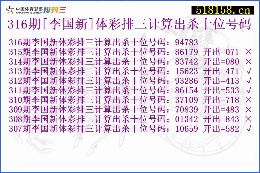 316期[李国新]体彩排三计算出杀十位号码