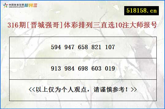 316期[晋城强哥]体彩排列三直选10注大师报号