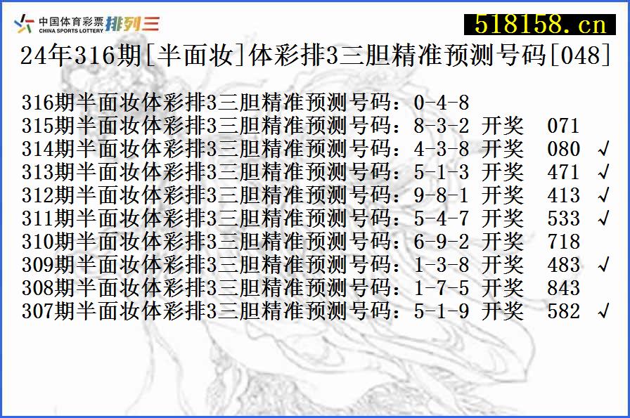 24年316期[半面妆]体彩排3三胆精准预测号码[048]