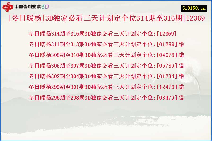 [冬日暖杨]3D独家必看三天计划定个位314期至316期|12369