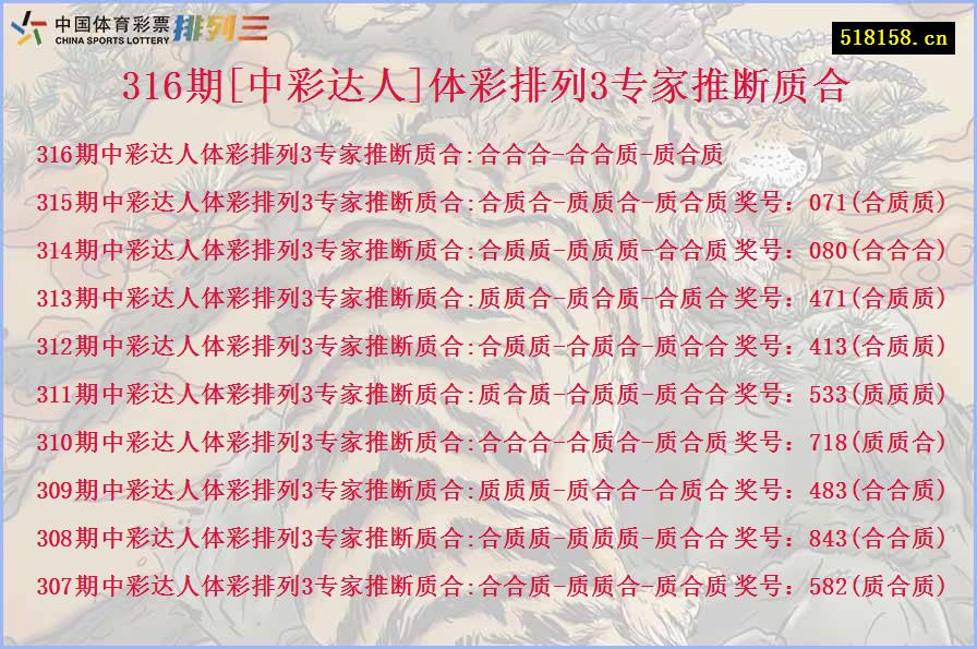 316期[中彩达人]体彩排列3专家推断质合