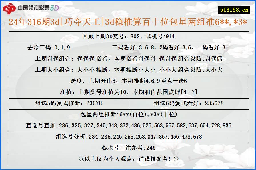 24年316期3d[巧夺天工]3d稳推算百十位包星两组准6**,*3*