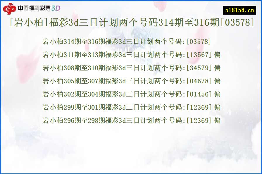 [岩小柏]福彩3d三日计划两个号码314期至316期[03578]