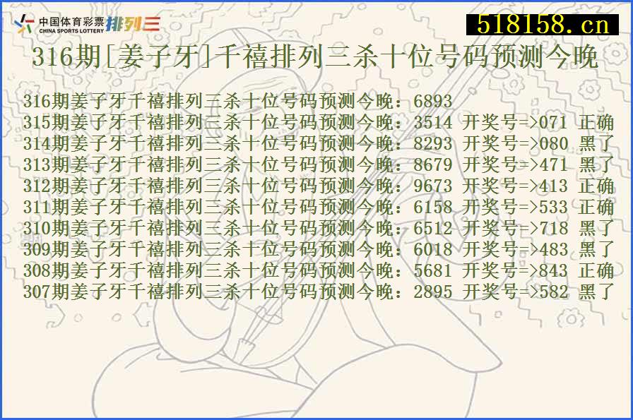 316期[姜子牙]千禧排列三杀十位号码预测今晚