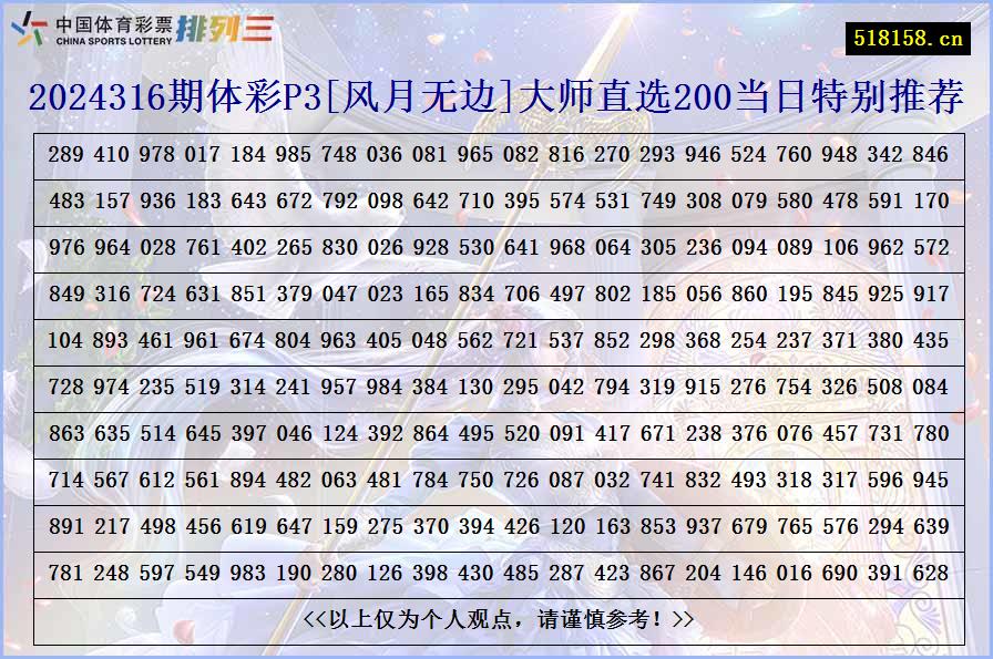 2024316期体彩P3[风月无边]大师直选200当日特别推荐