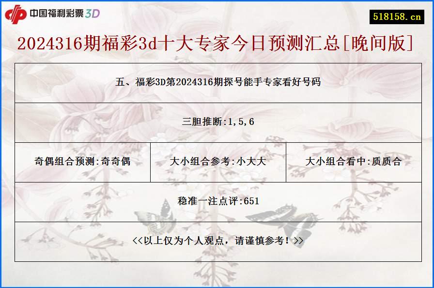 五、福彩3D第2024316期探号能手专家看好号码