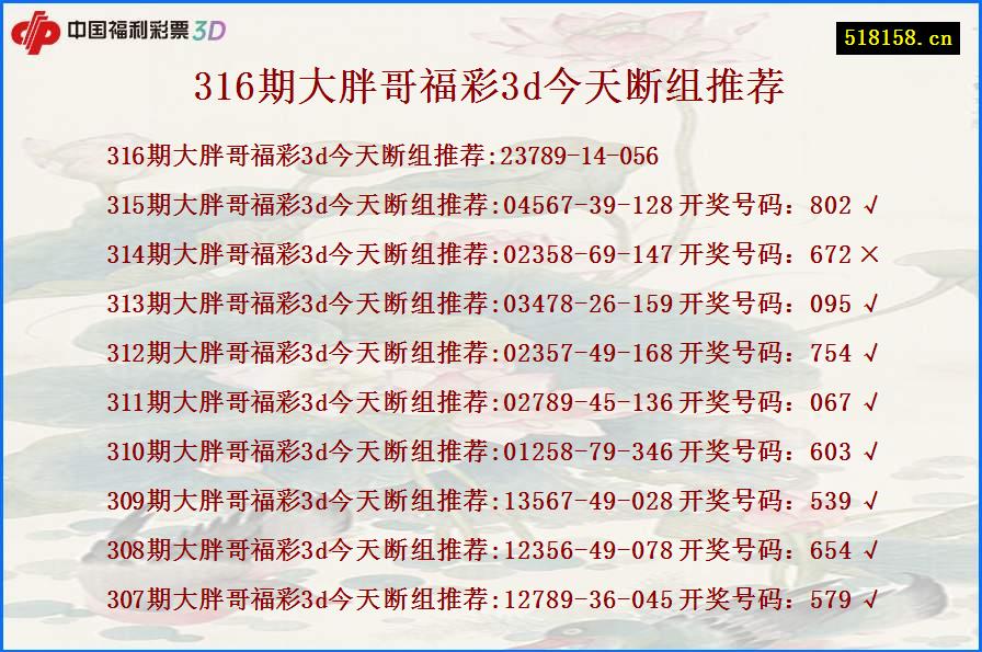 316期大胖哥福彩3d今天断组推荐