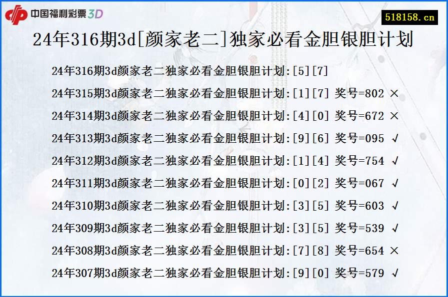 24年316期3d[颜家老二]独家必看金胆银胆计划