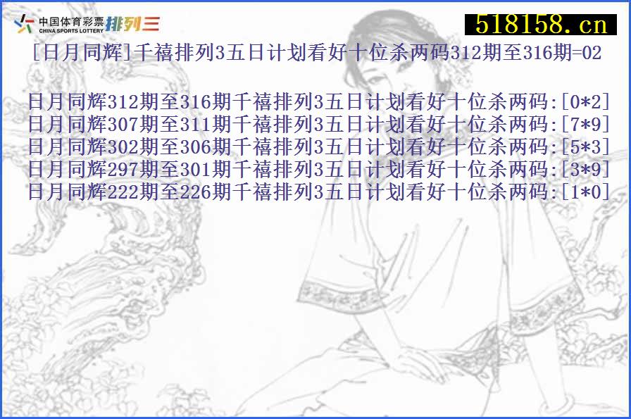 [日月同辉]千禧排列3五日计划看好十位杀两码312期至316期=02