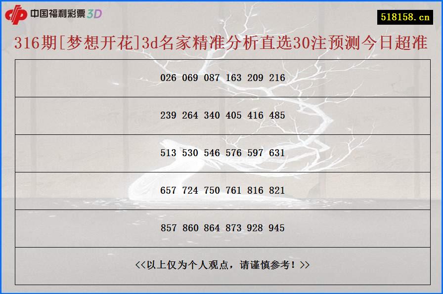 316期[梦想开花]3d名家精准分析直选30注预测今日超准