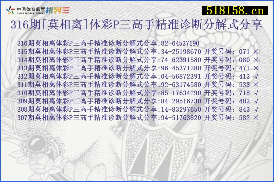 316期[莫相离]体彩P三高手精准诊断分解式分享