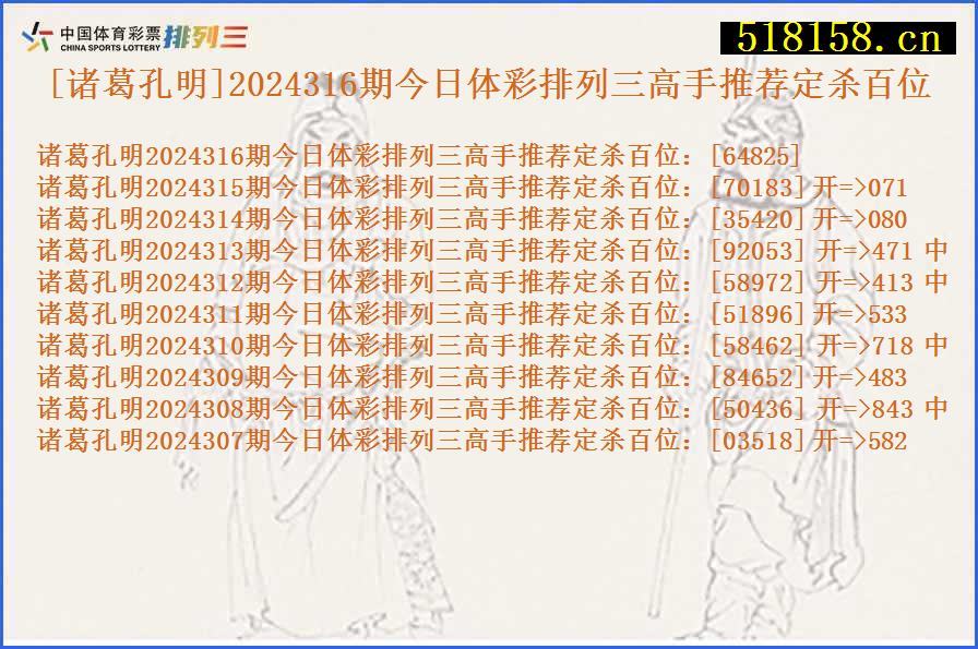 [诸葛孔明]2024316期今日体彩排列三高手推荐定杀百位