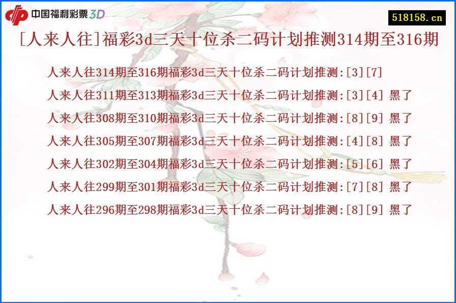 [人来人往]福彩3d三天十位杀二码计划推测314期至316期
