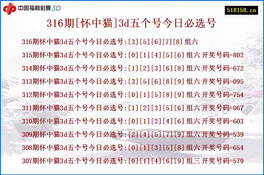 316期[怀中猫]3d五个号今日必选号