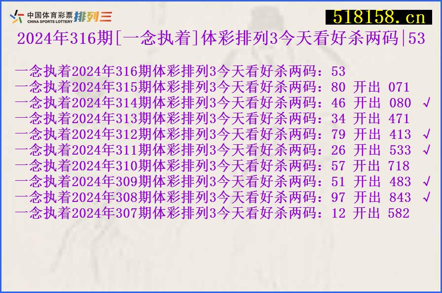 2024年316期[一念执着]体彩排列3今天看好杀两码|53