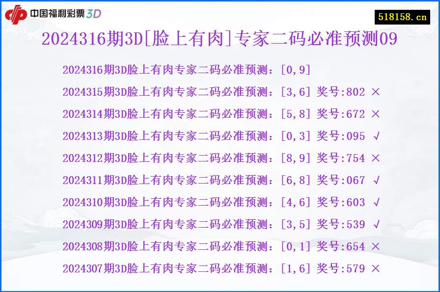 2024316期3D[脸上有肉]专家二码必准预测09