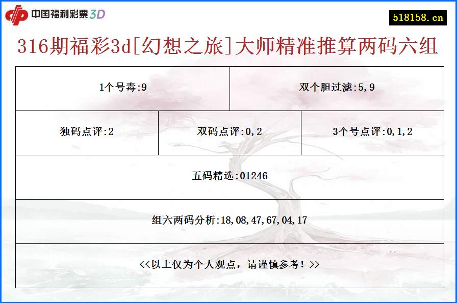 316期福彩3d[幻想之旅]大师精准推算两码六组
