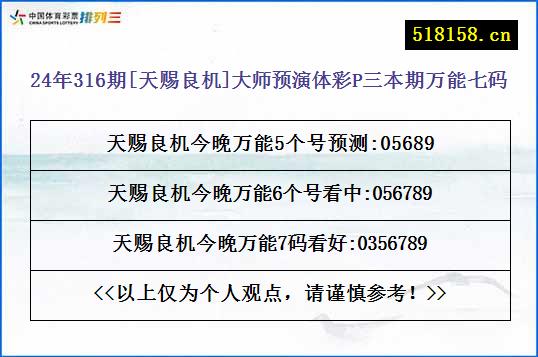 24年316期[天赐良机]大师预演体彩P三本期万能七码